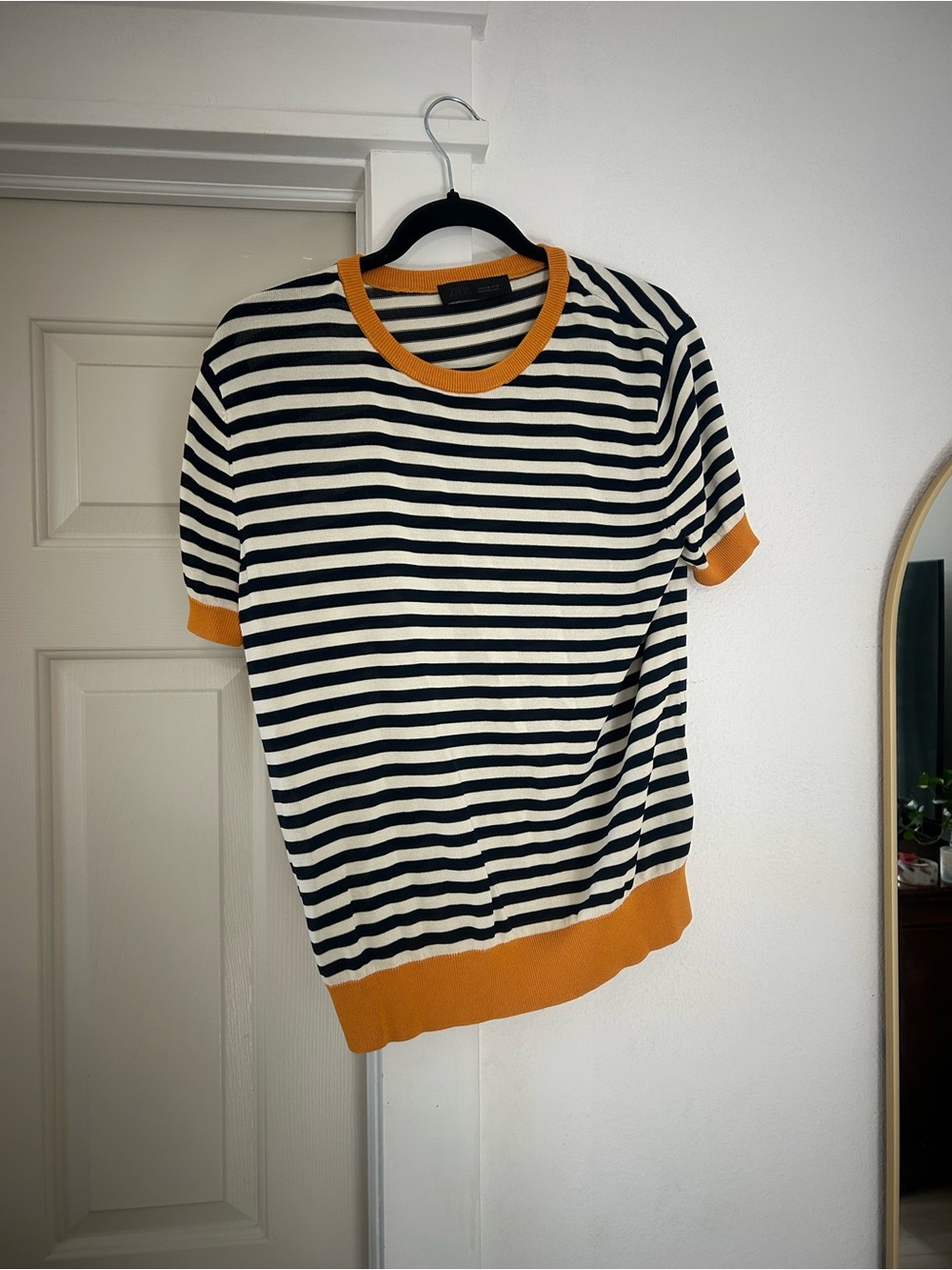 Zara Blue & White Striped Short Sleeve Tee with Mustard Trim